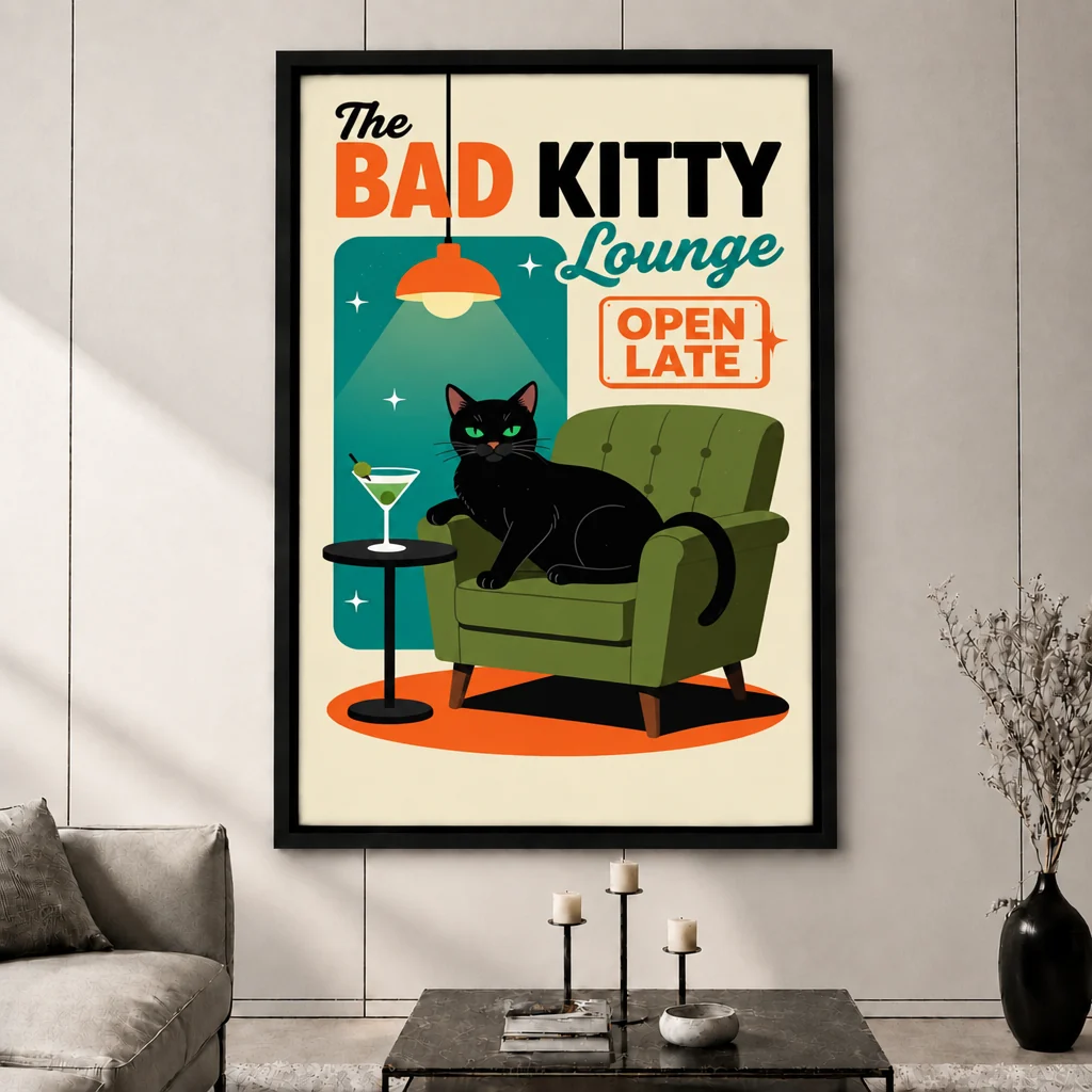 The Bad Kitty Lounge retro canvas wall art styled above a contemporary living room sofa