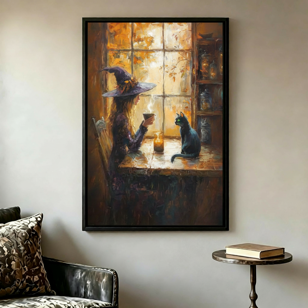 Halloween Witch & Black Cat Window Canvas Wall Art