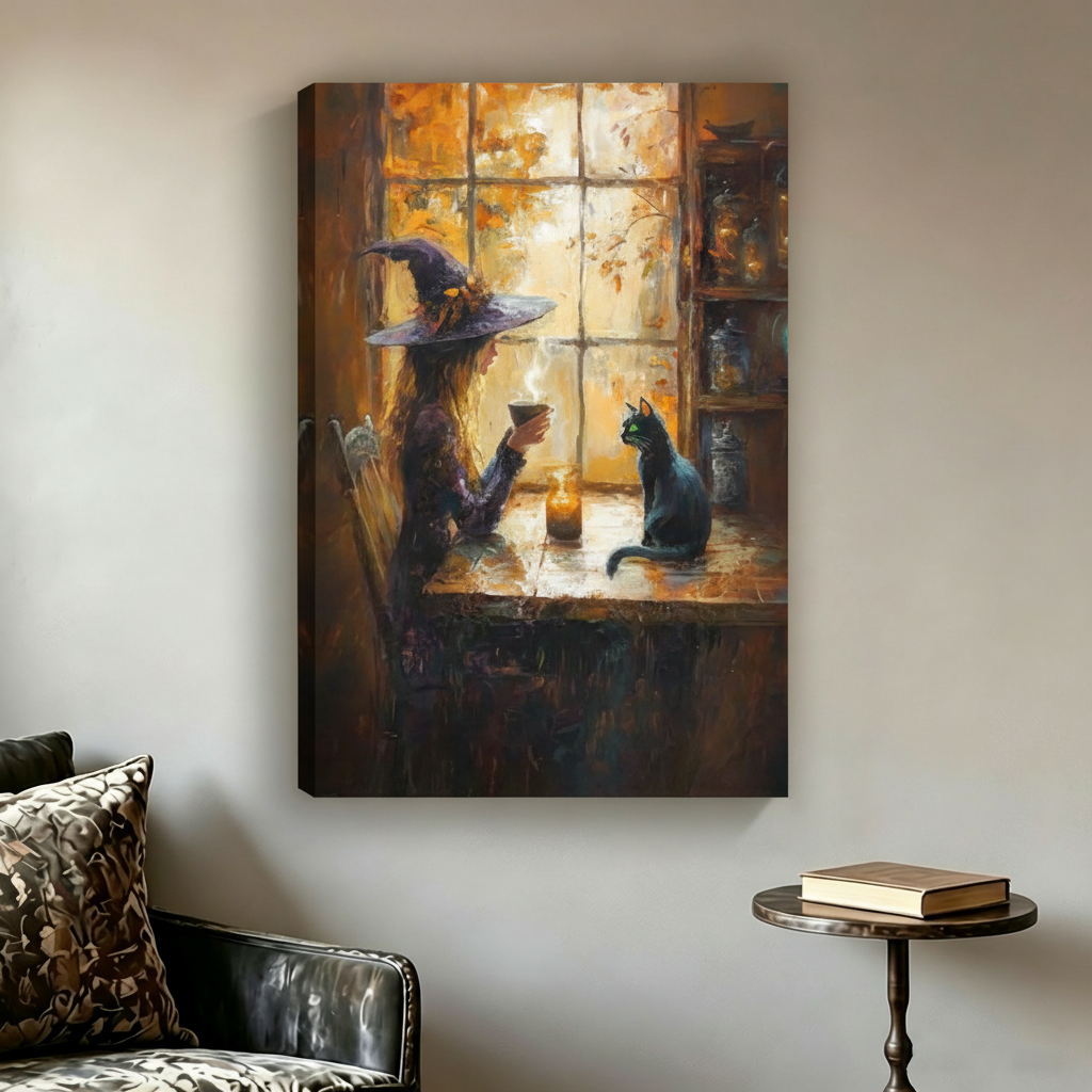 Halloween Witch & Black Cat Window Canvas Wall Art