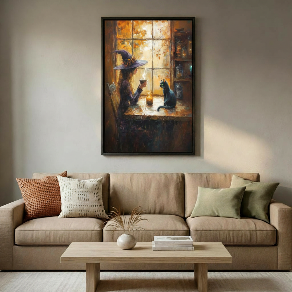 Halloween Witch & Black Cat Window Canvas Wall Art
