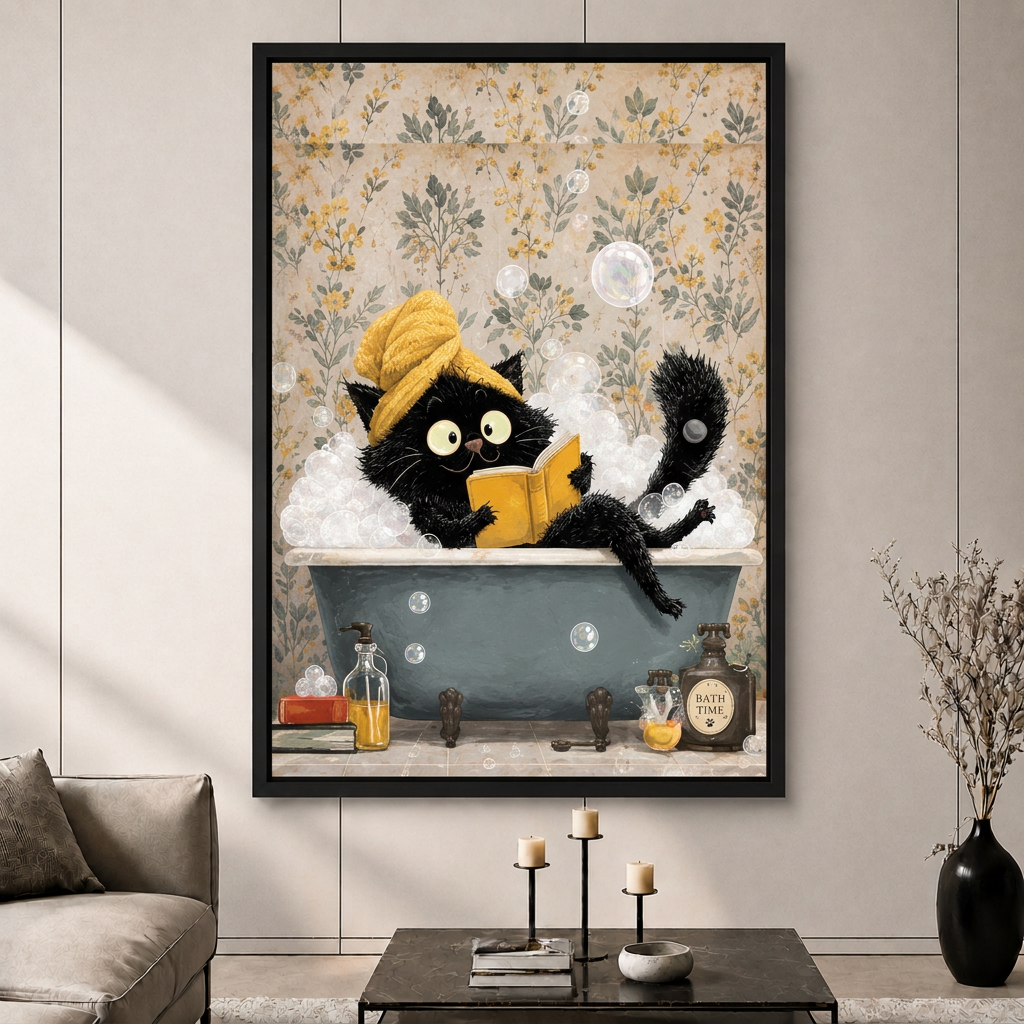 Funny Black Cat Bath Canvas Wall Art