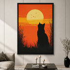 Retro Sunset Black Cat Canvas Wall Art