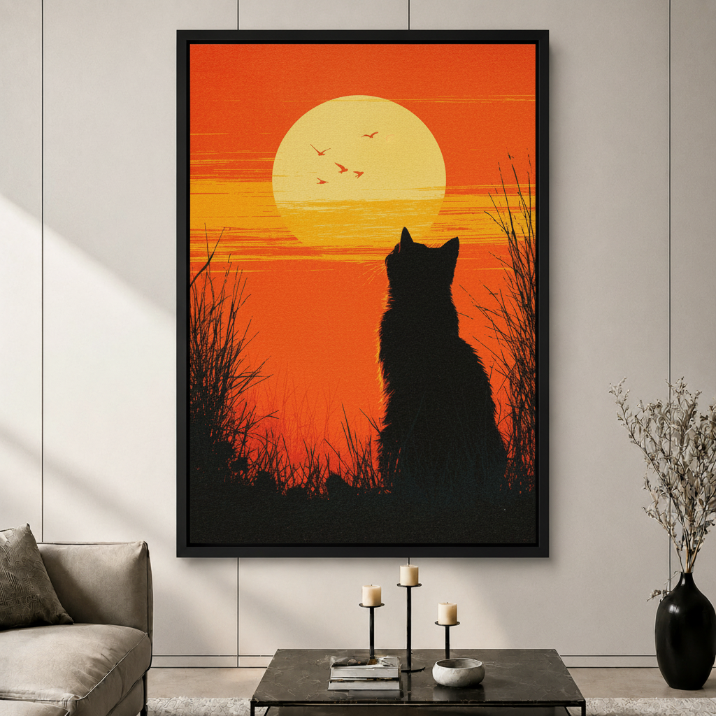 Retro Sunset Black Cat Canvas Wall Art