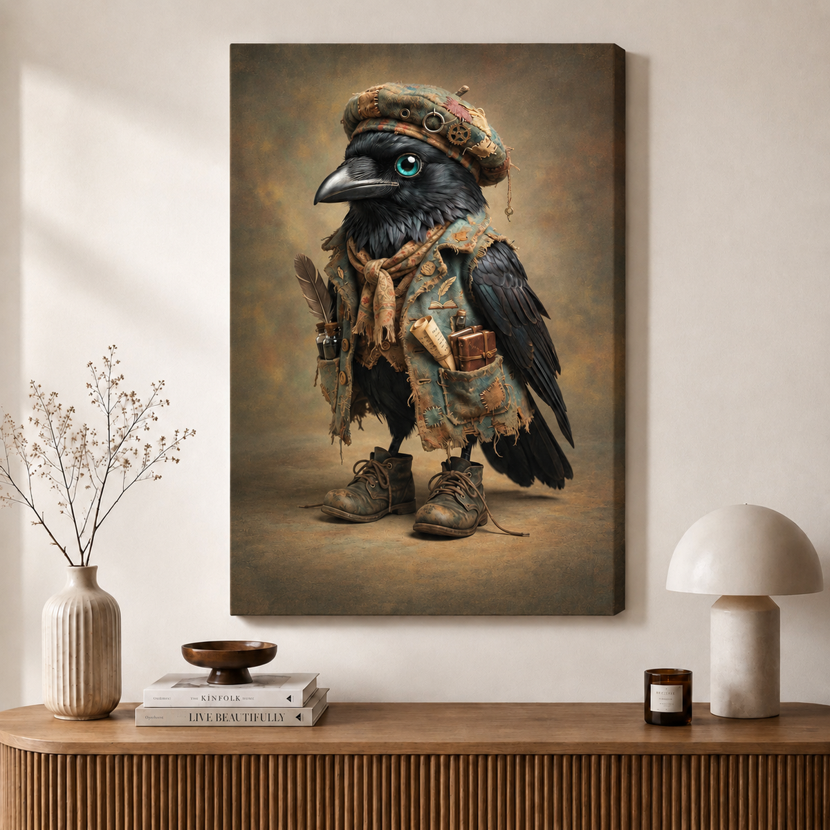 Steampunk Raven Scholar Whimsical Canvas Art
