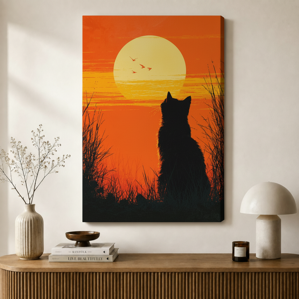 Retro Sunset Black Cat Canvas Wall Art