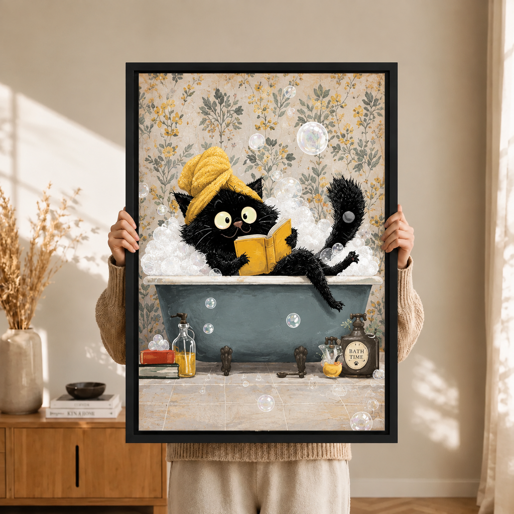 Funny Black Cat Bath Canvas Wall Art