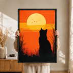 Retro Sunset Black Cat Canvas Wall Art