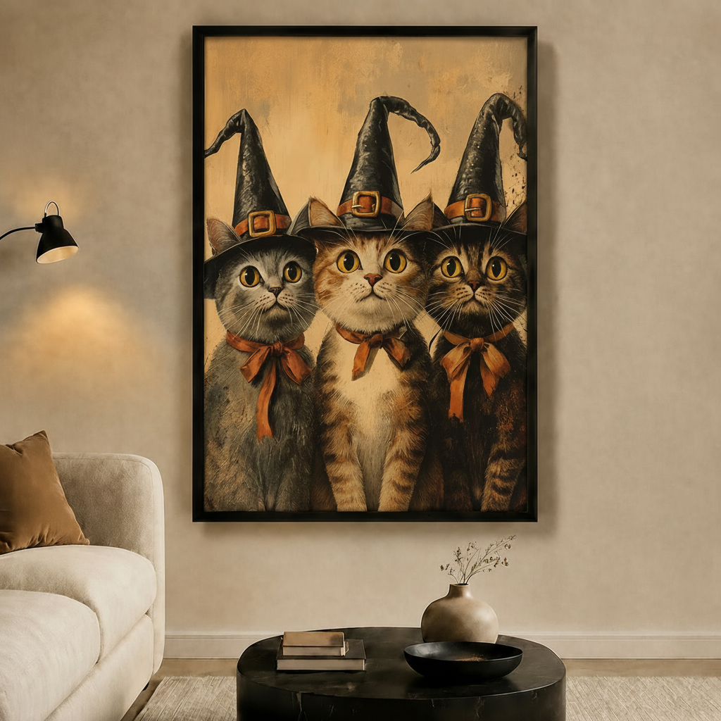 Three Witch Cats Halloween Vintage Canvas Wall Art