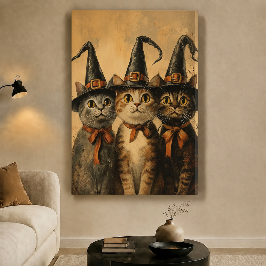 Three Witch Cats Halloween Vintage Canvas Wall Art