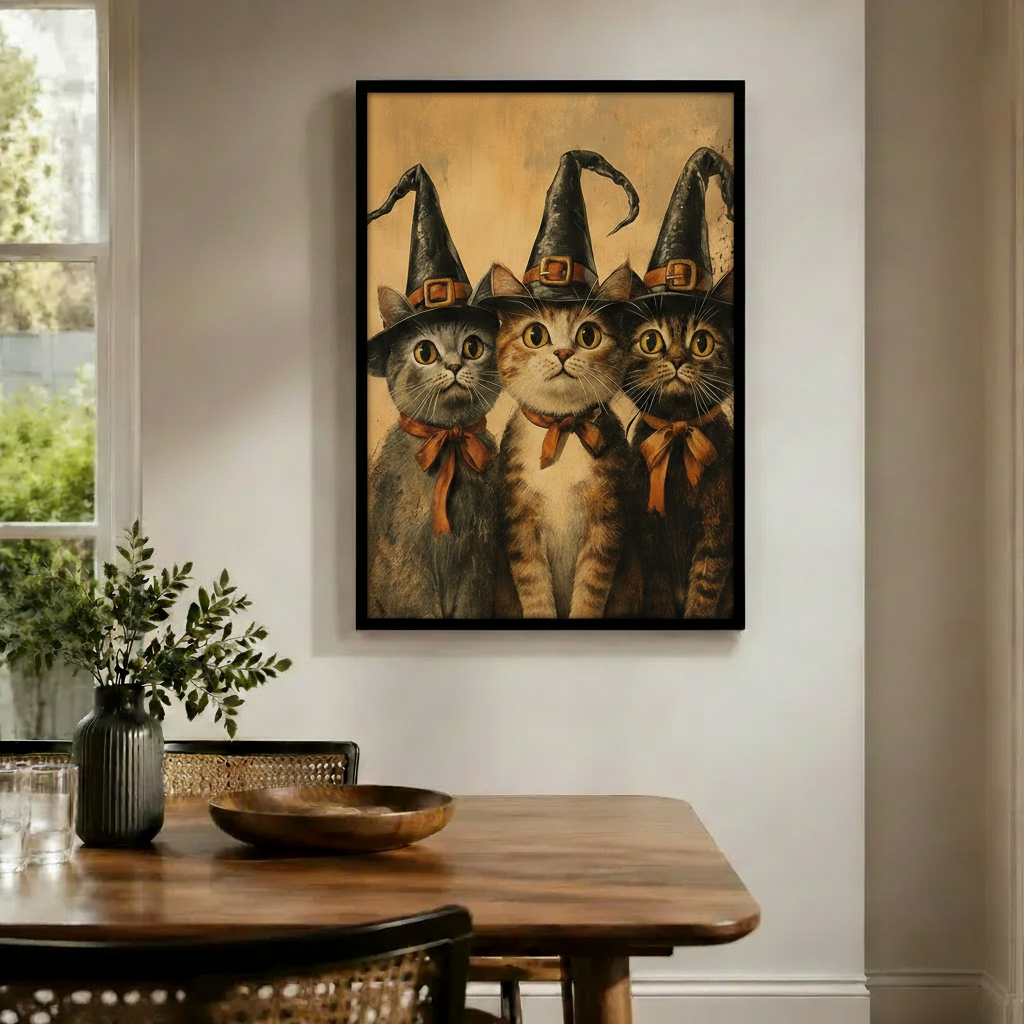 Three Witch Cats Halloween Vintage Canvas Wall Art