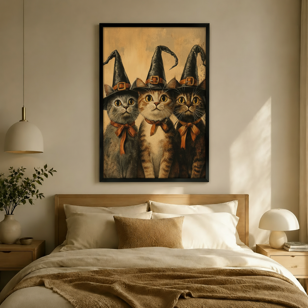 Three Witch Cats Halloween Vintage Canvas Wall Art