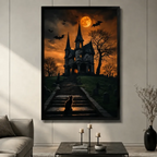 Halloween Haunted Mansion Black Cat Canvas Art Print