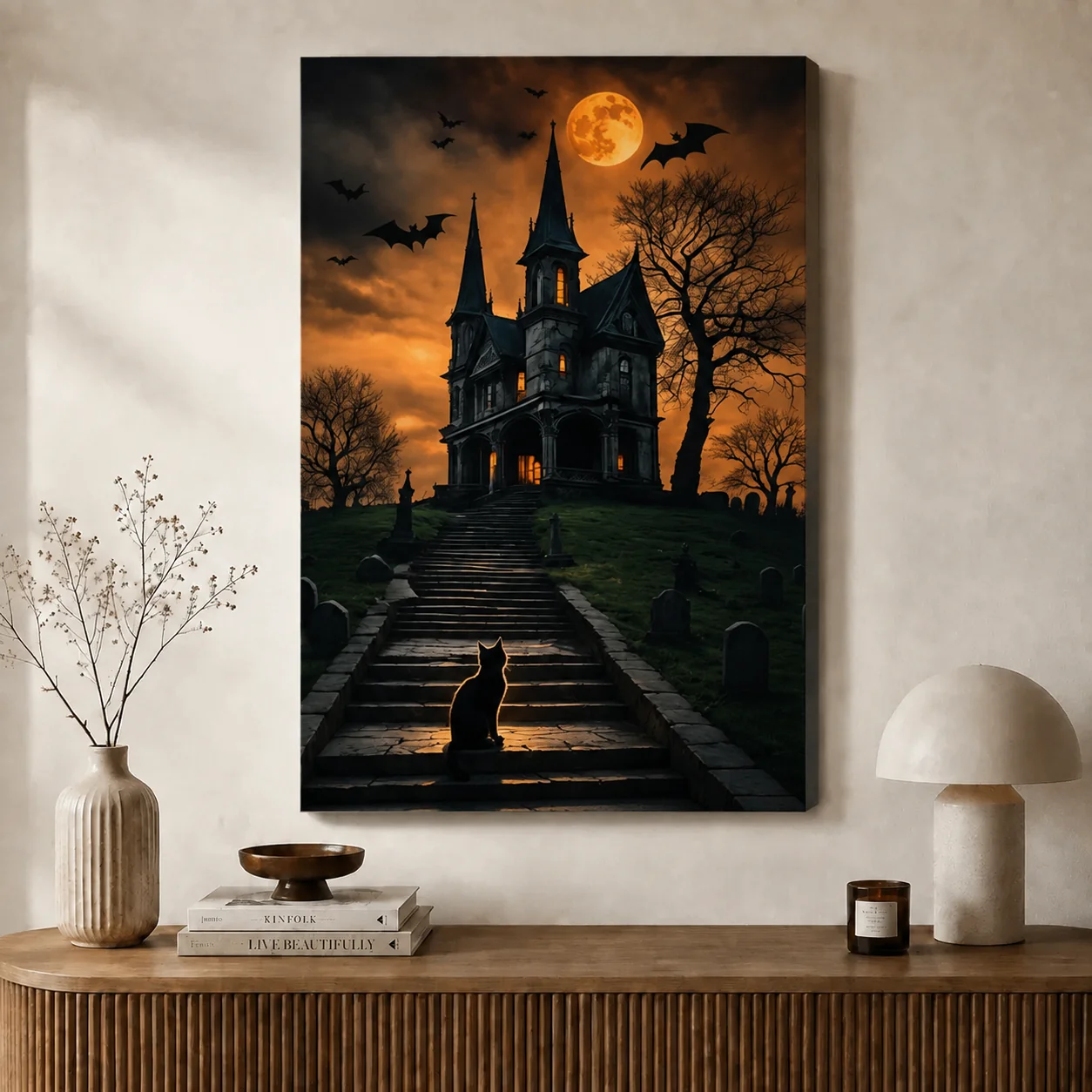 Halloween Haunted Mansion Black Cat Canvas Art Print