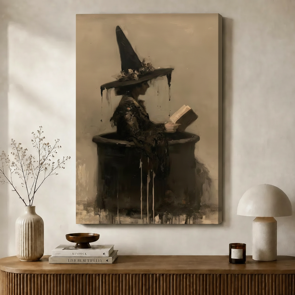 Witch Reading Spell Book Canvas Wall Art