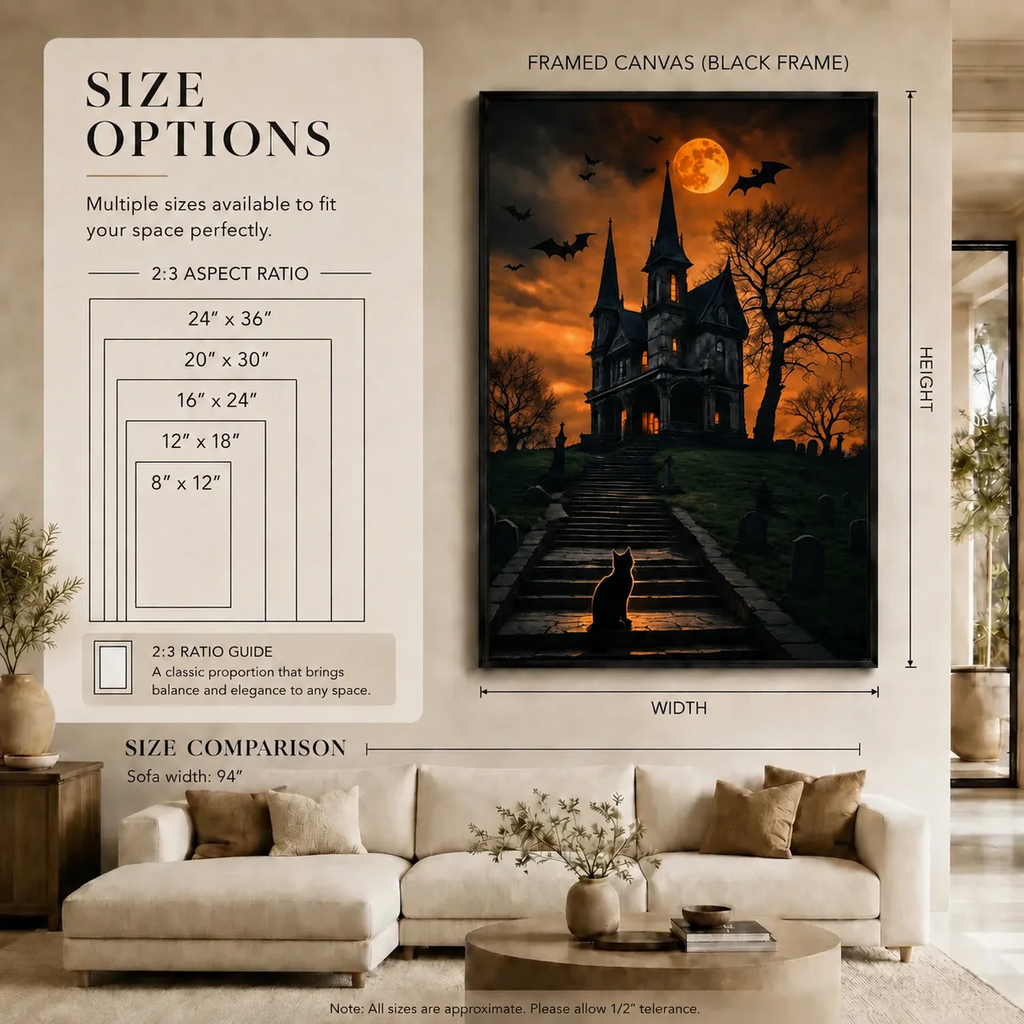 Halloween Haunted Mansion Black Cat Canvas Art Print