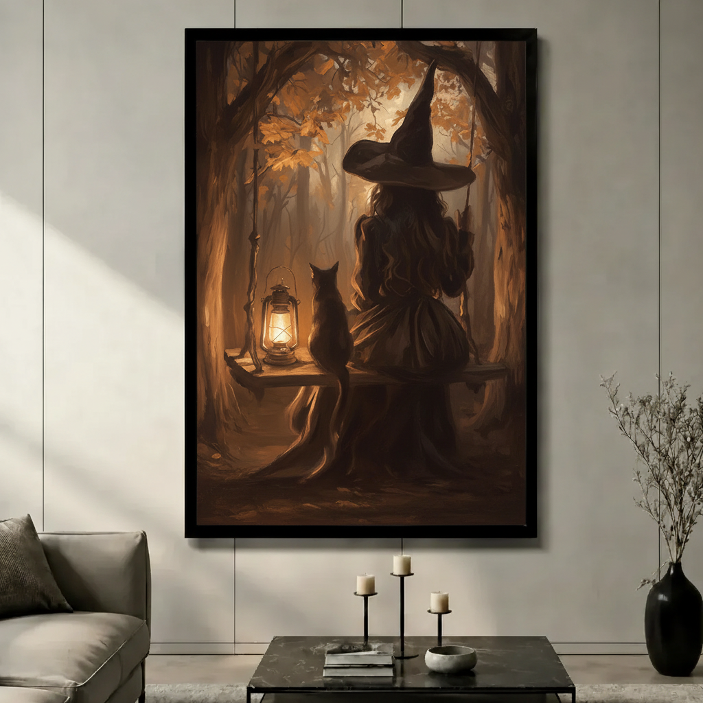 Witch and Cat Forest Lantern Canvas Wall Art