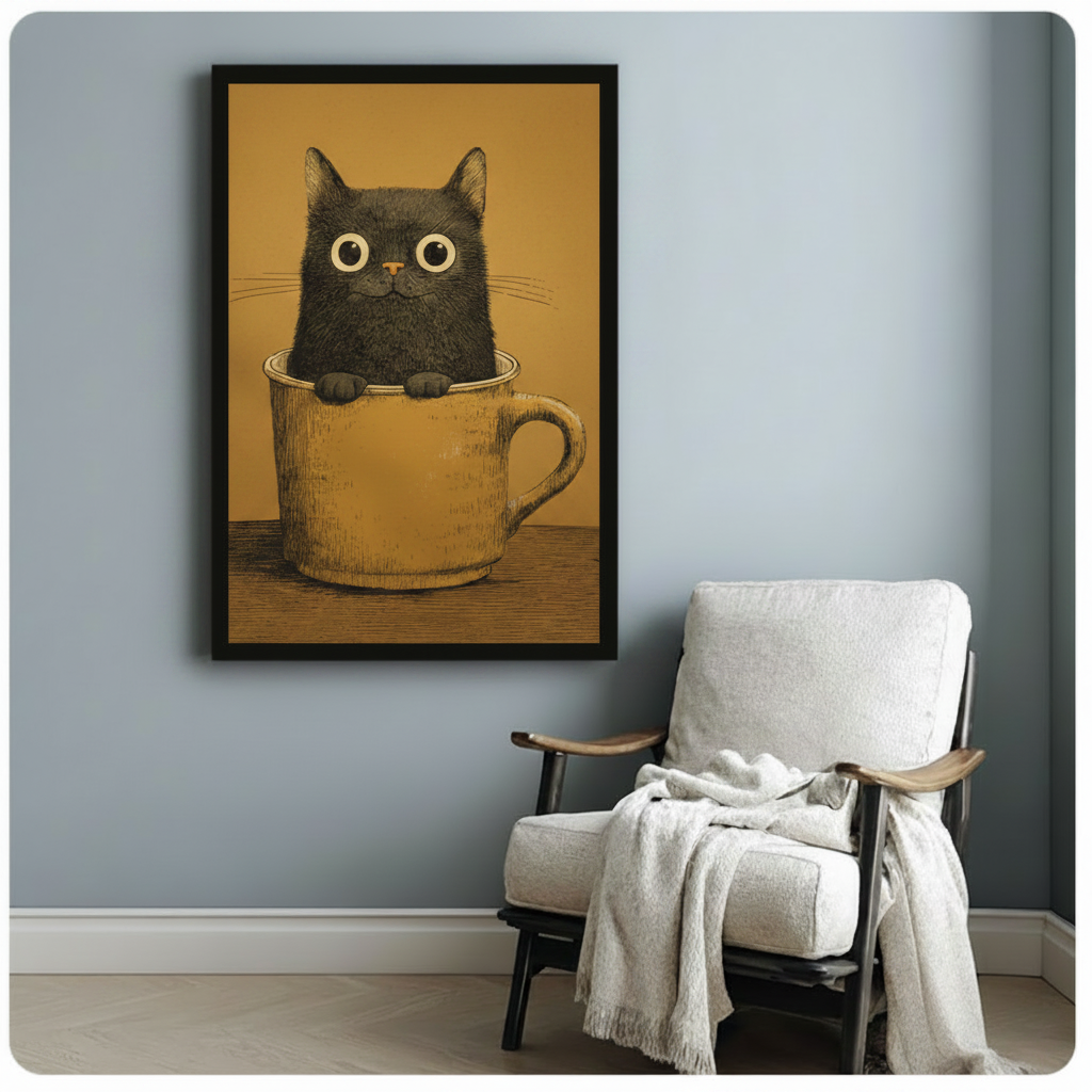 Black Cat Wall Art | Vintage Teacup Canvas Print | Cute Cat Decor