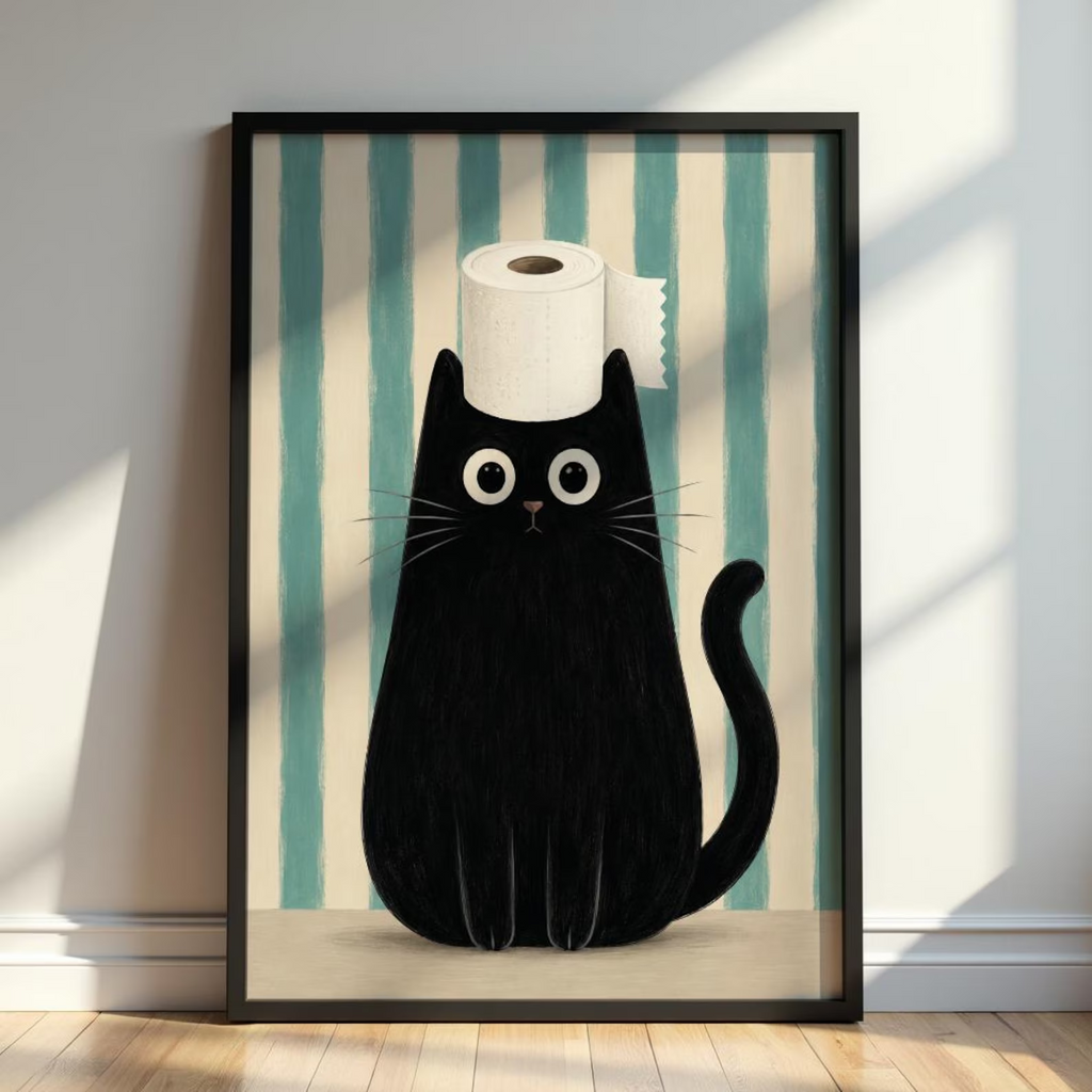 Funny Black Cat Bathroom Wall Art Print