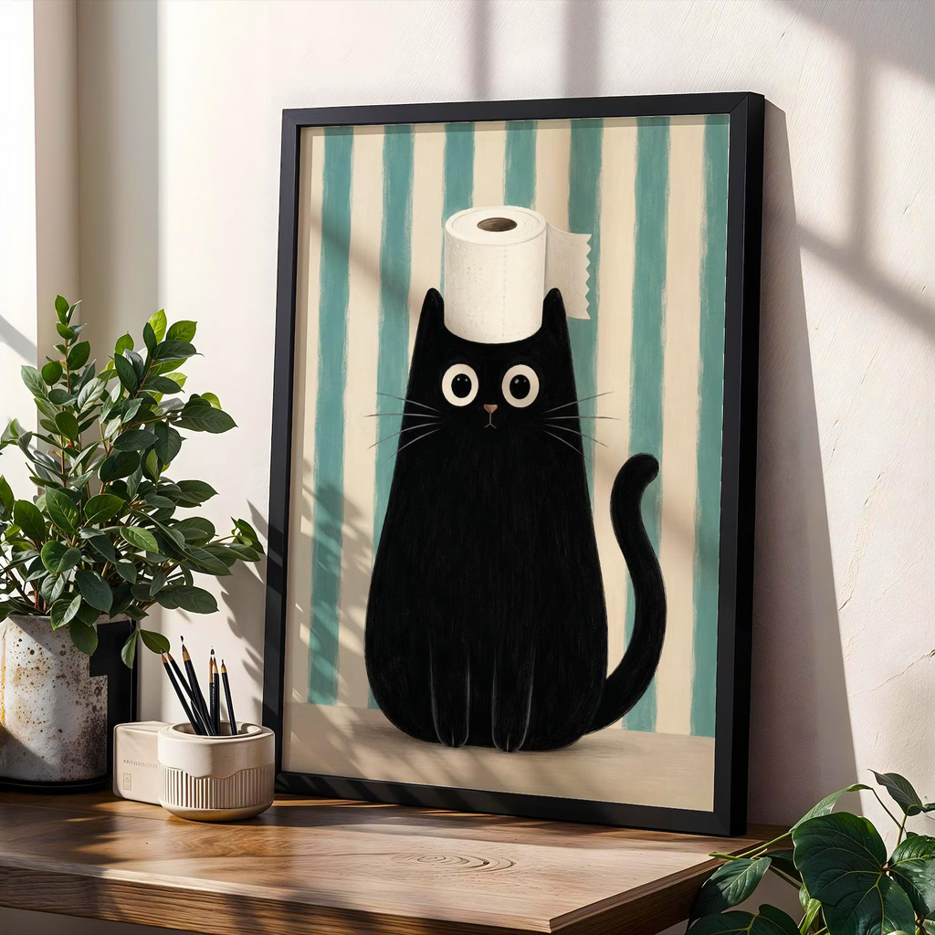 Funny Black Cat Bathroom Wall Art Print