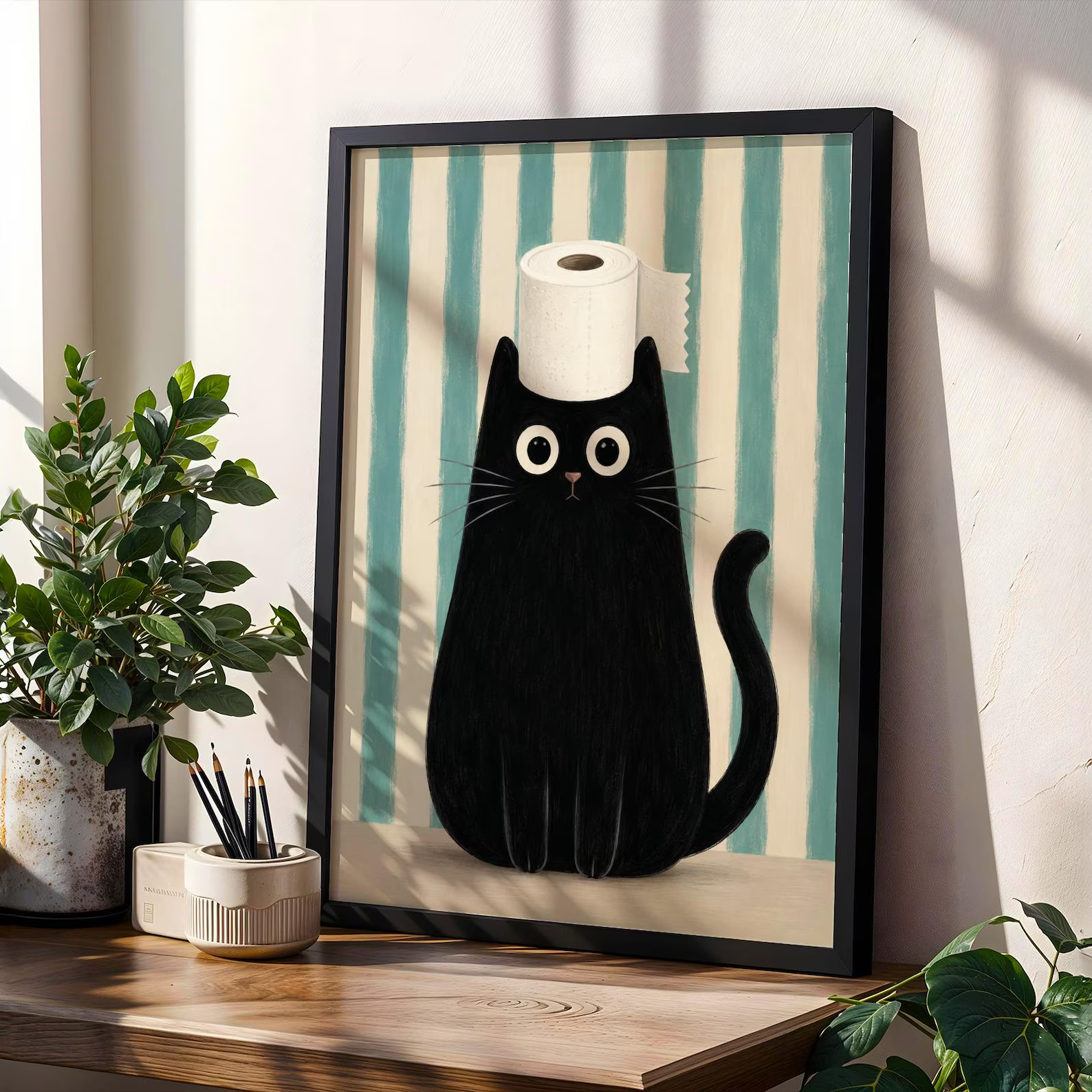 Funny Black Cat Bathroom Wall Art Print