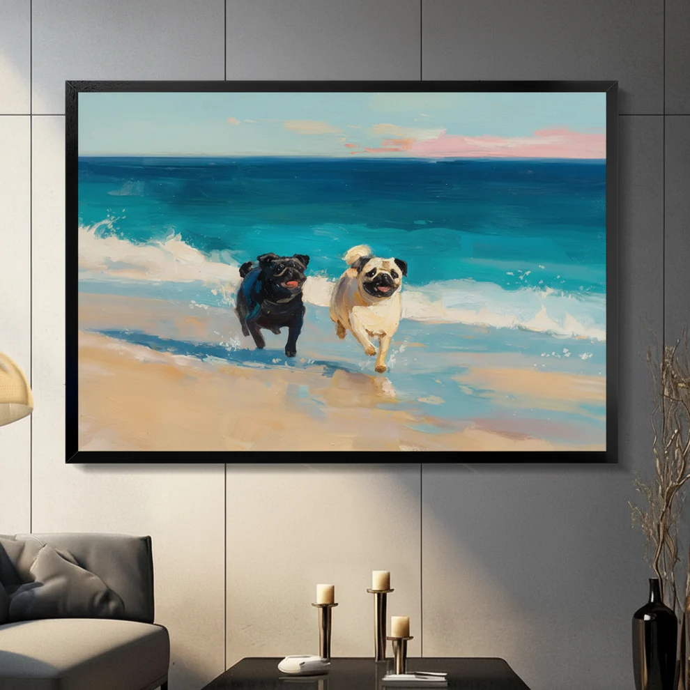 Two Pugs Running on Beach Canvas Art