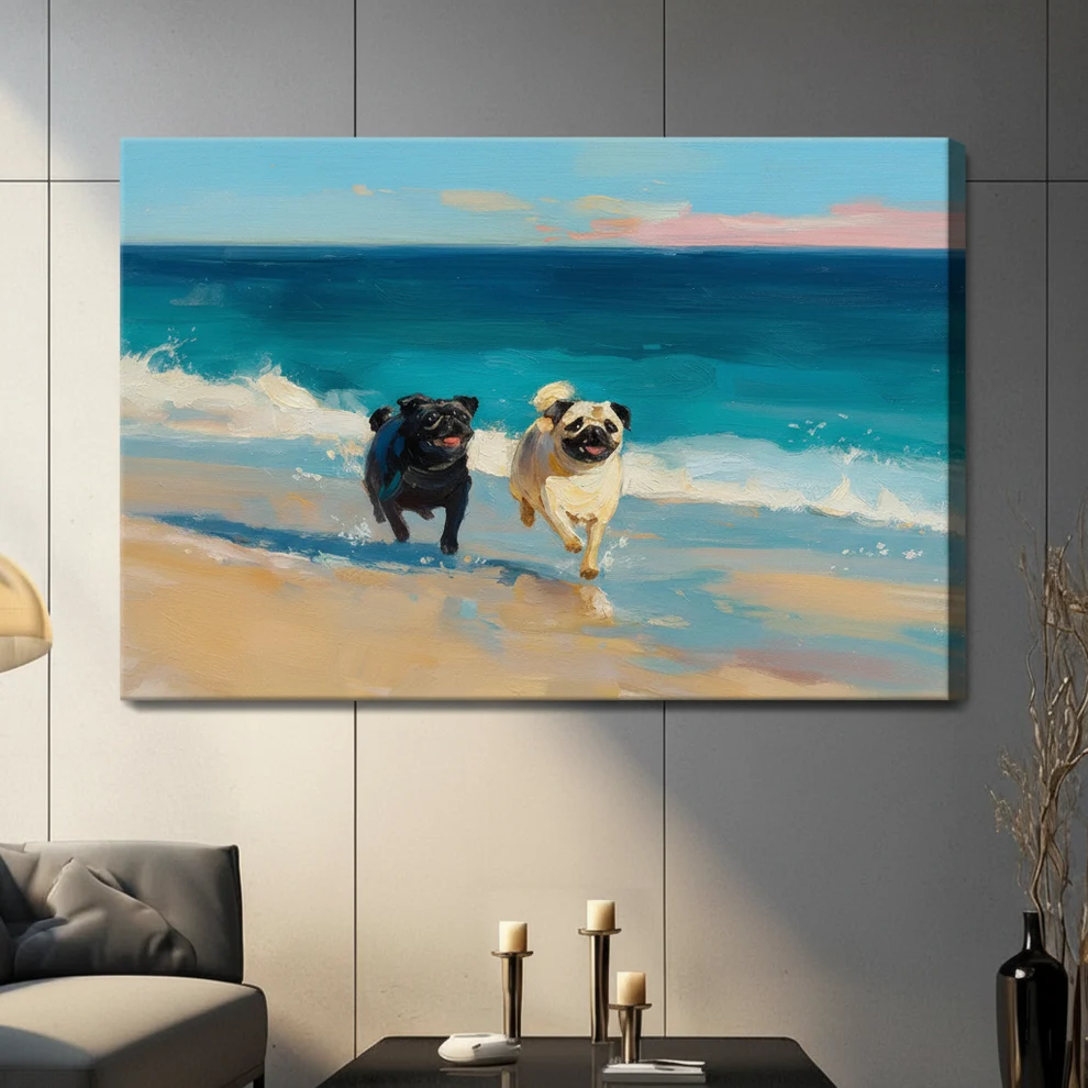 Two Pugs Running on Beach Canvas Art