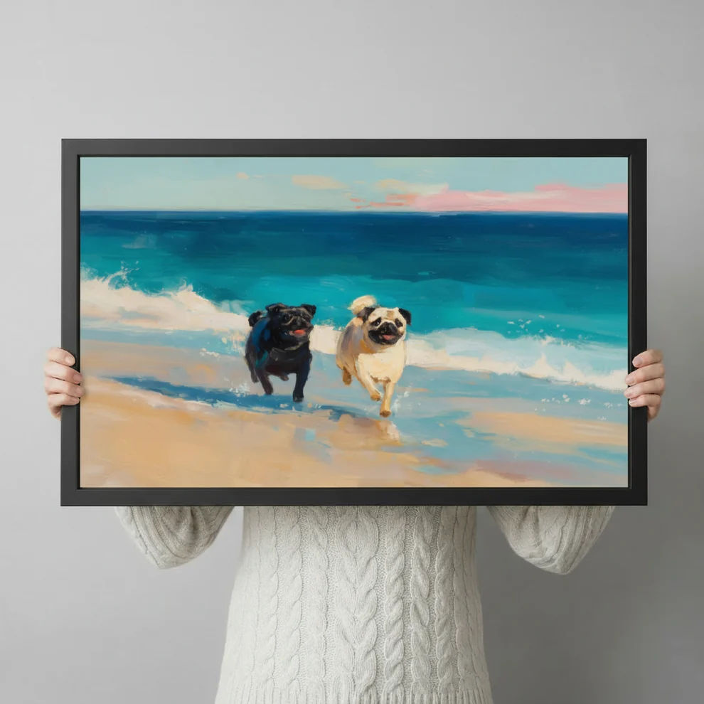 Two Pugs Running on Beach Canvas Art