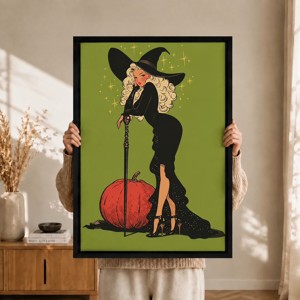 Retro Pin-Up Witch Halloween Green Canvas Art