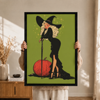 Retro Pin-Up Witch Halloween Green Canvas Art