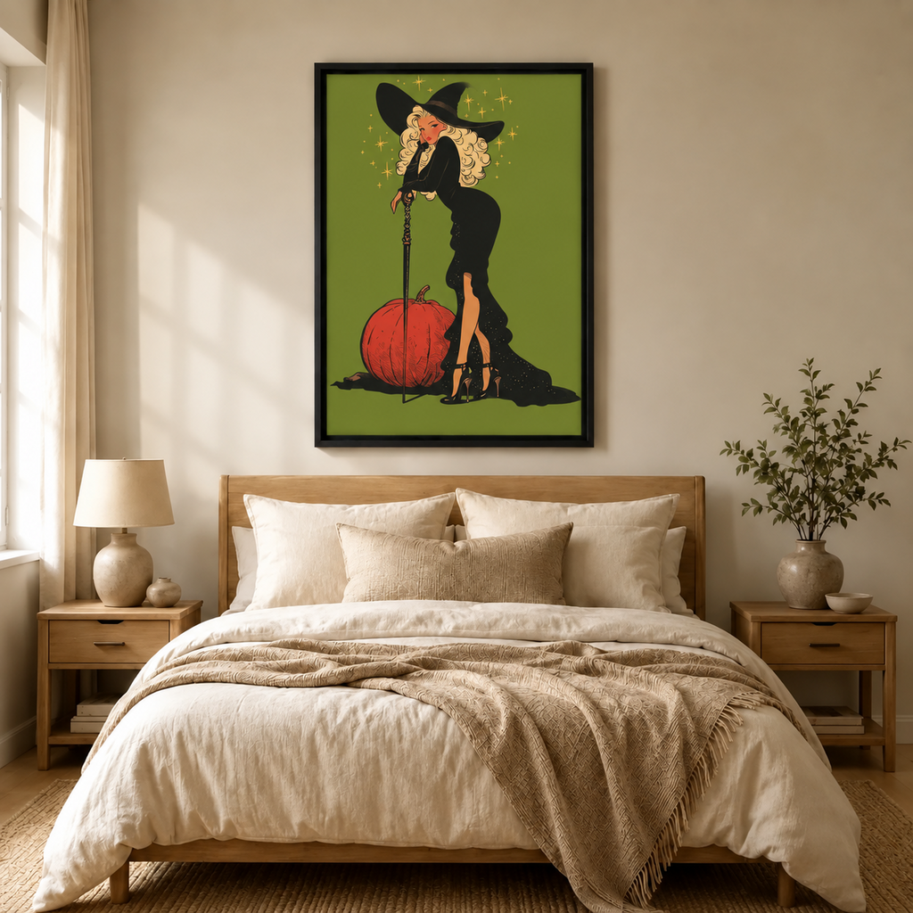 Retro Pin-Up Witch Halloween Green Canvas Art