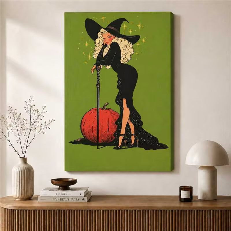 Retro Pin-Up Witch Halloween Green Canvas Art