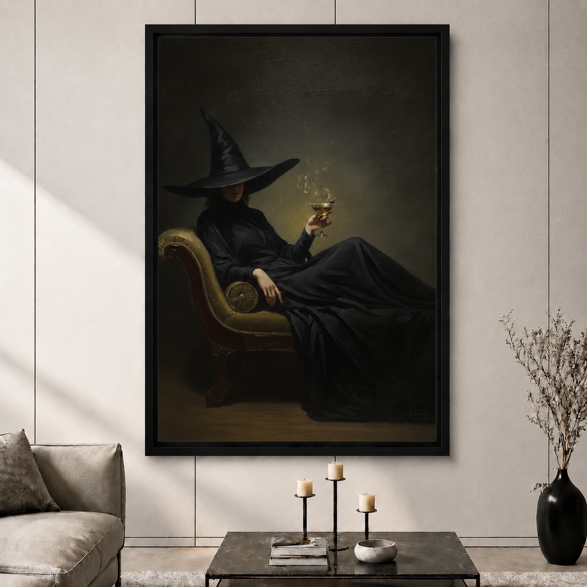Elegant Witch Potion Portrait Dark Canvas Art