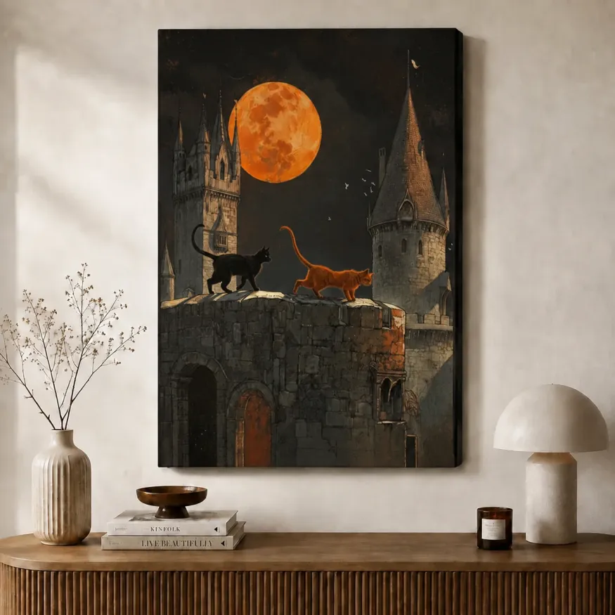 Gothic Castle Two Cats Full Moon Canvas Art Print