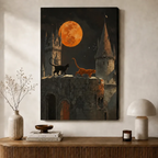 Gothic Castle Two Cats Full Moon Canvas Art Print