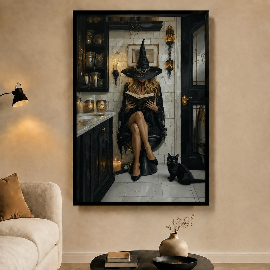 Witch Reading Black Cat Gothic Canvas Wall Art