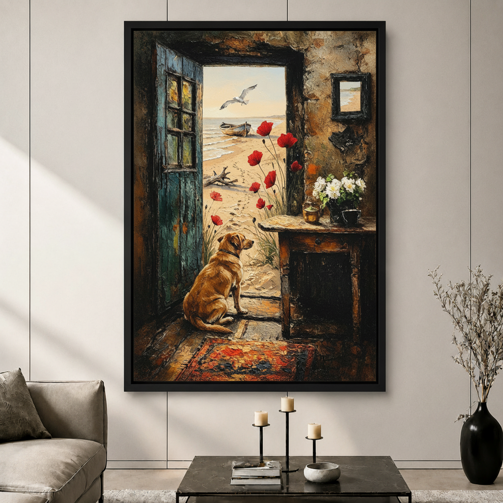 Vintage Coastal Dog Beach Cottage Canvas Art