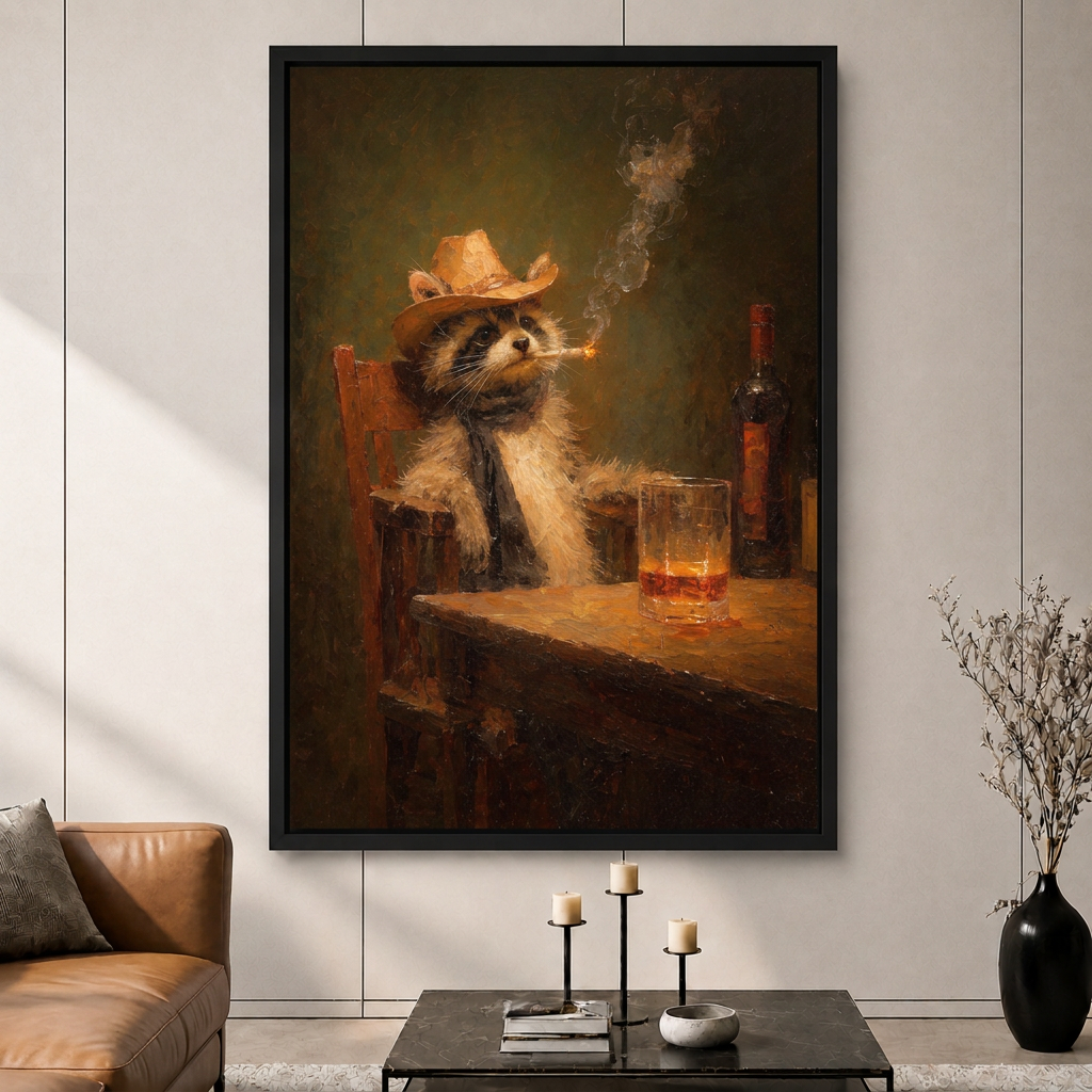 Cowboy Raccoon Whiskey Retro Canvas Wall Art