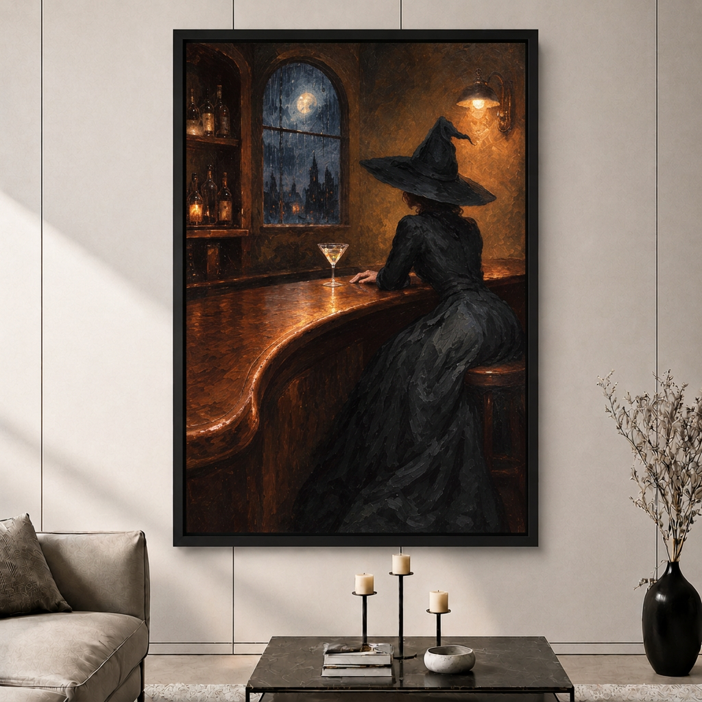Witch Rainy Night Bar Moonlit Gothic Canvas Art