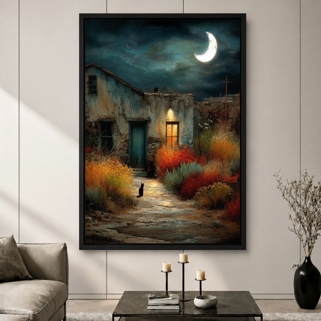 Moonlit Courtyard Black Cat Canvas Art
