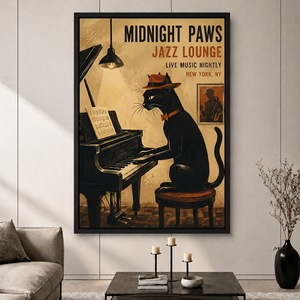 Vintage Jazz Cat Piano Retro Canvas Art