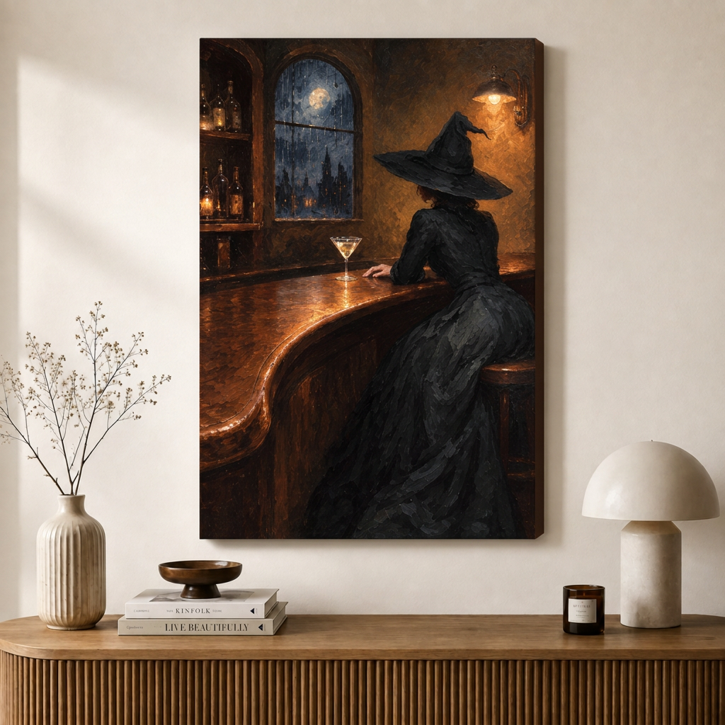Witch Rainy Night Bar Moonlit Gothic Canvas Art