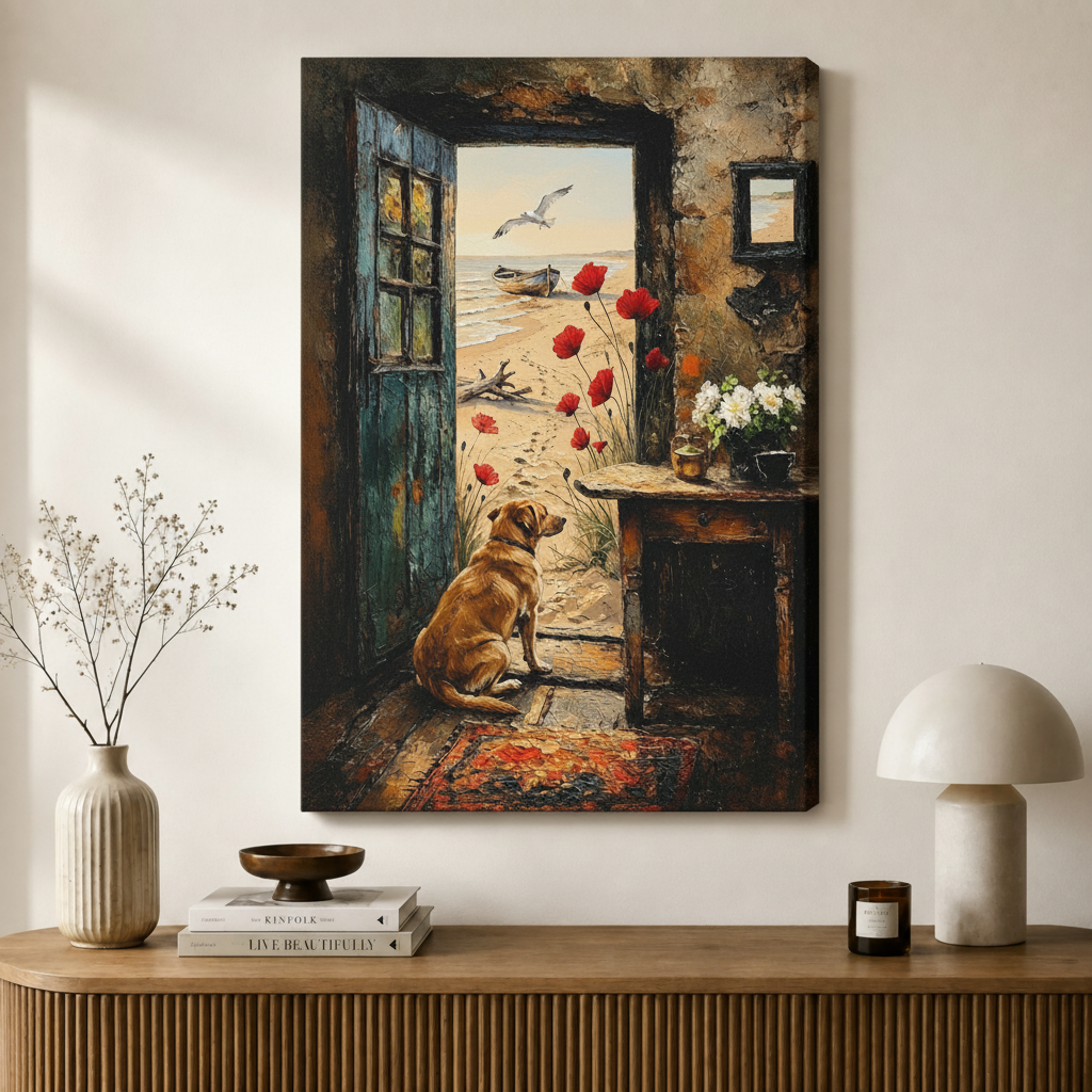 Vintage Coastal Dog Beach Cottage Canvas Art