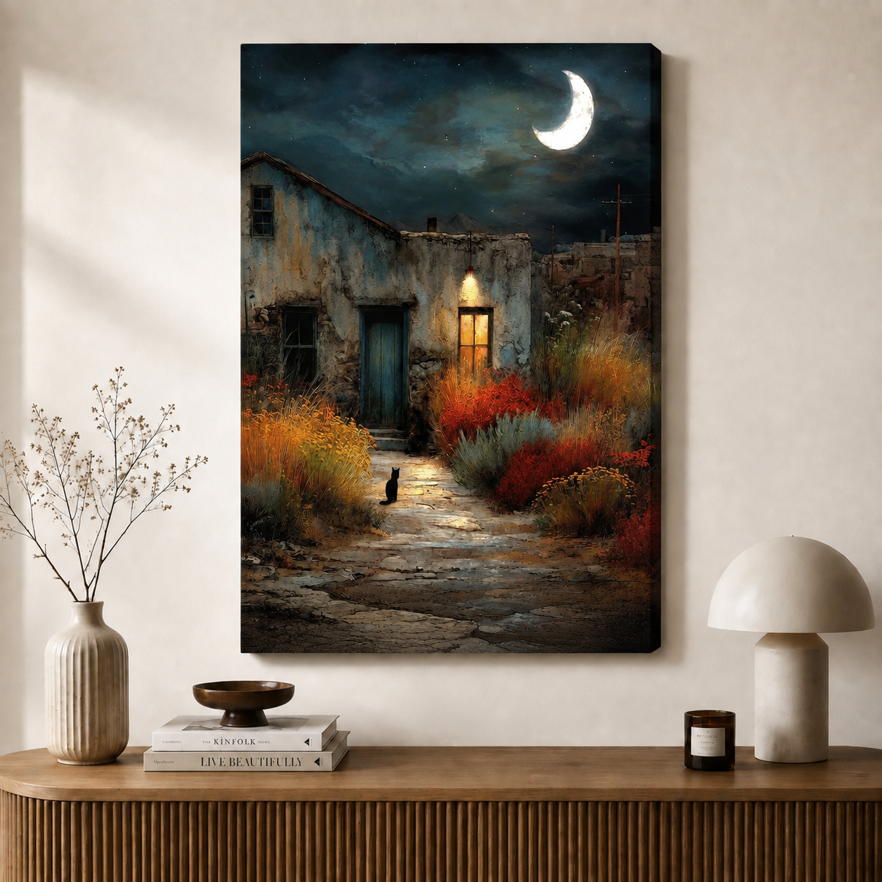 Moonlit Courtyard Black Cat Canvas Art