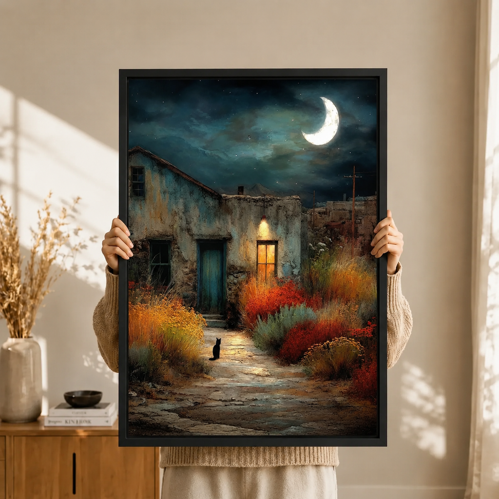 Moonlit Courtyard Black Cat Canvas Art