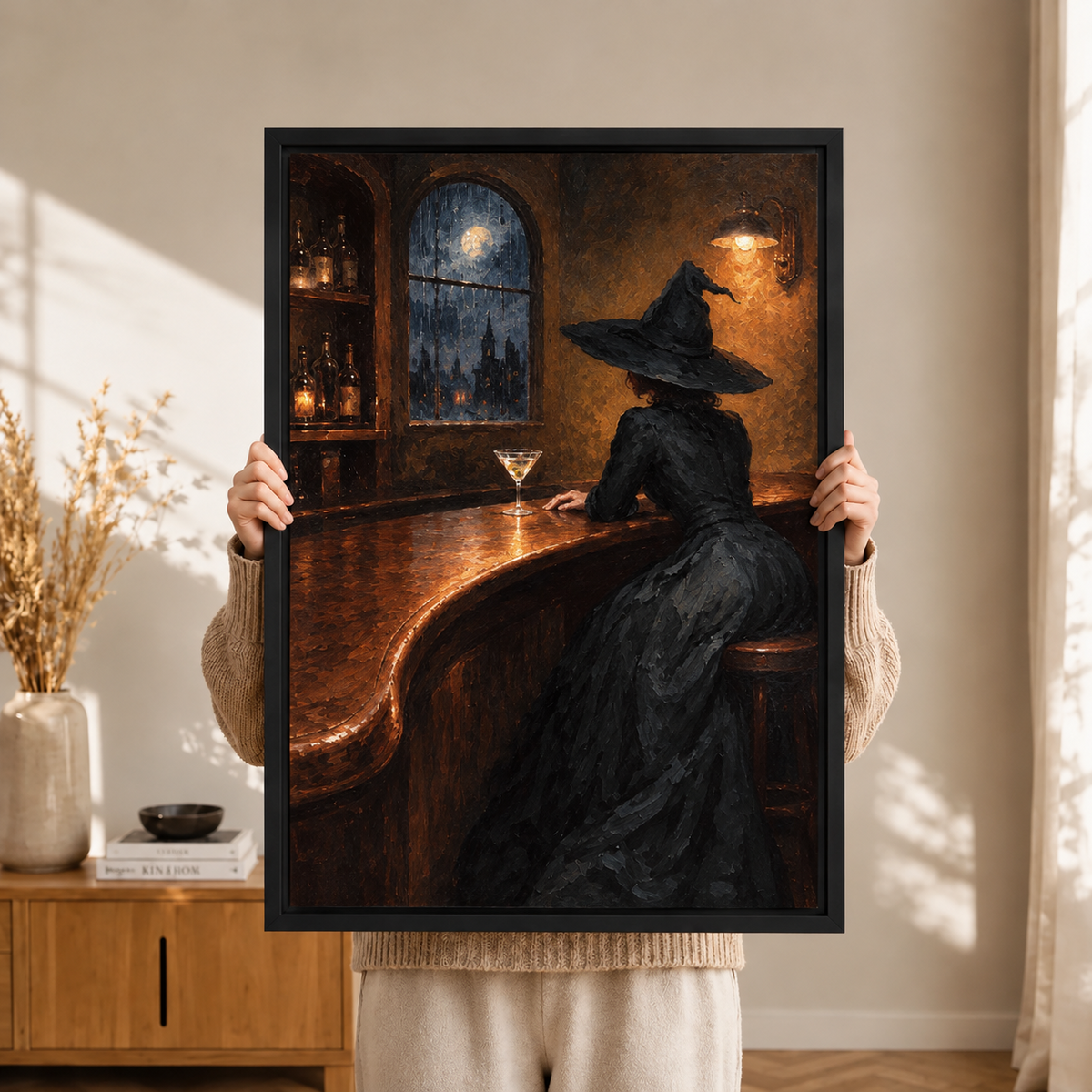 Witch Rainy Night Bar Moonlit Gothic Canvas Art