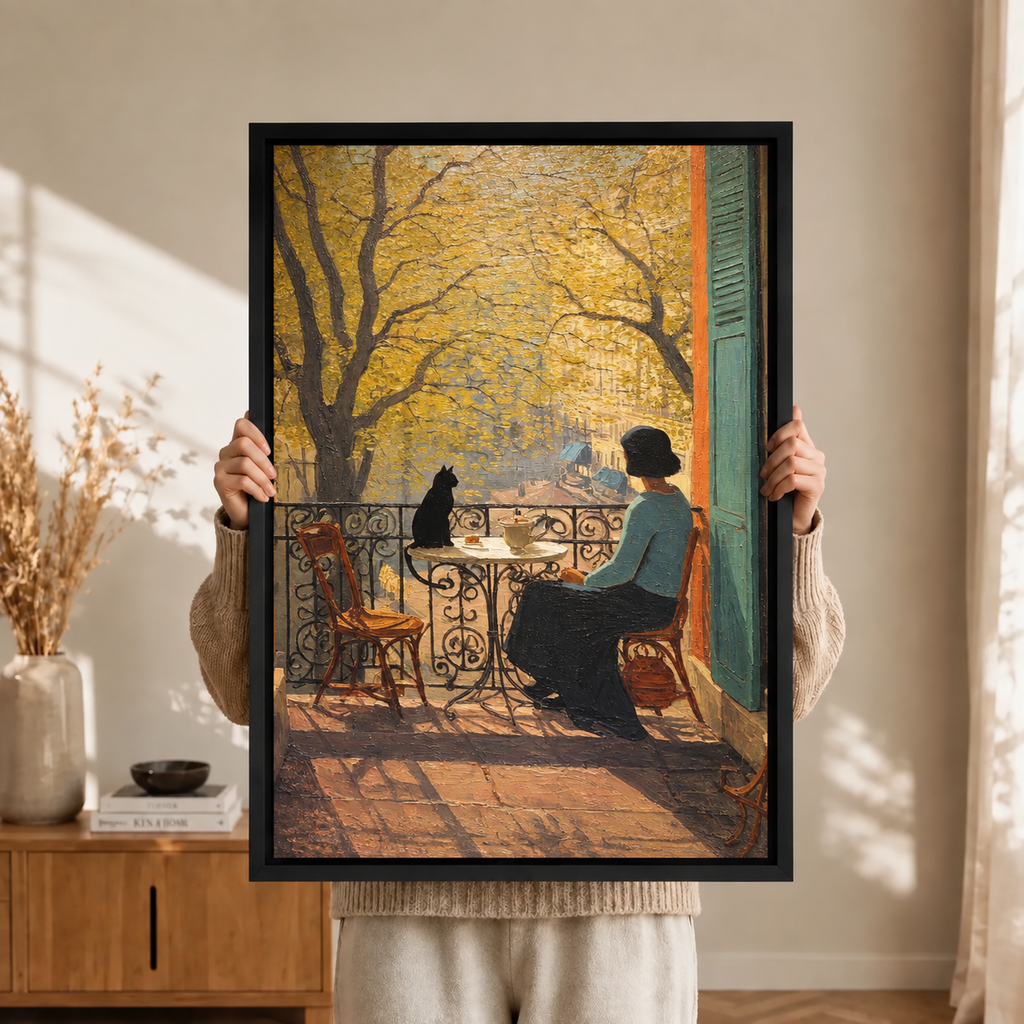 Autumn Balcony Cat Impressionist Canvas Wall Art