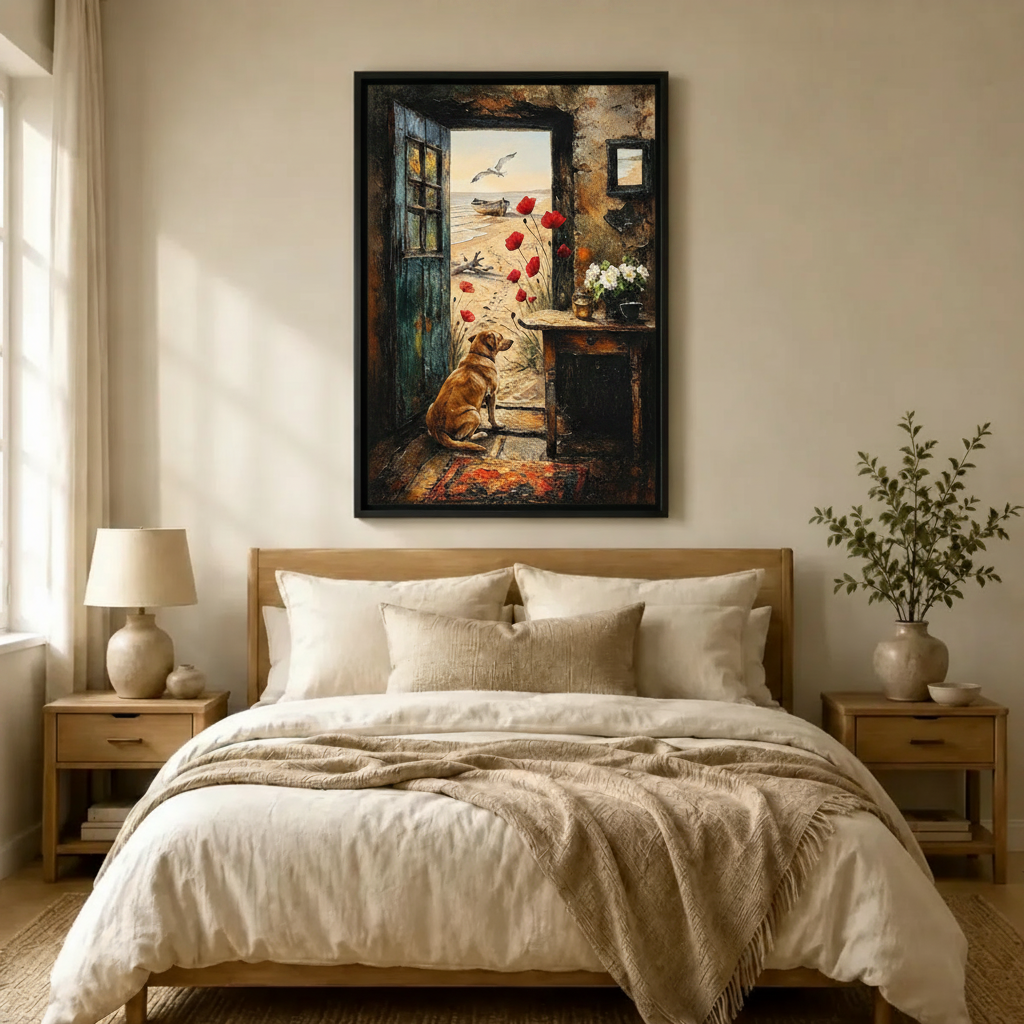 Vintage Coastal Dog Beach Cottage Canvas Art