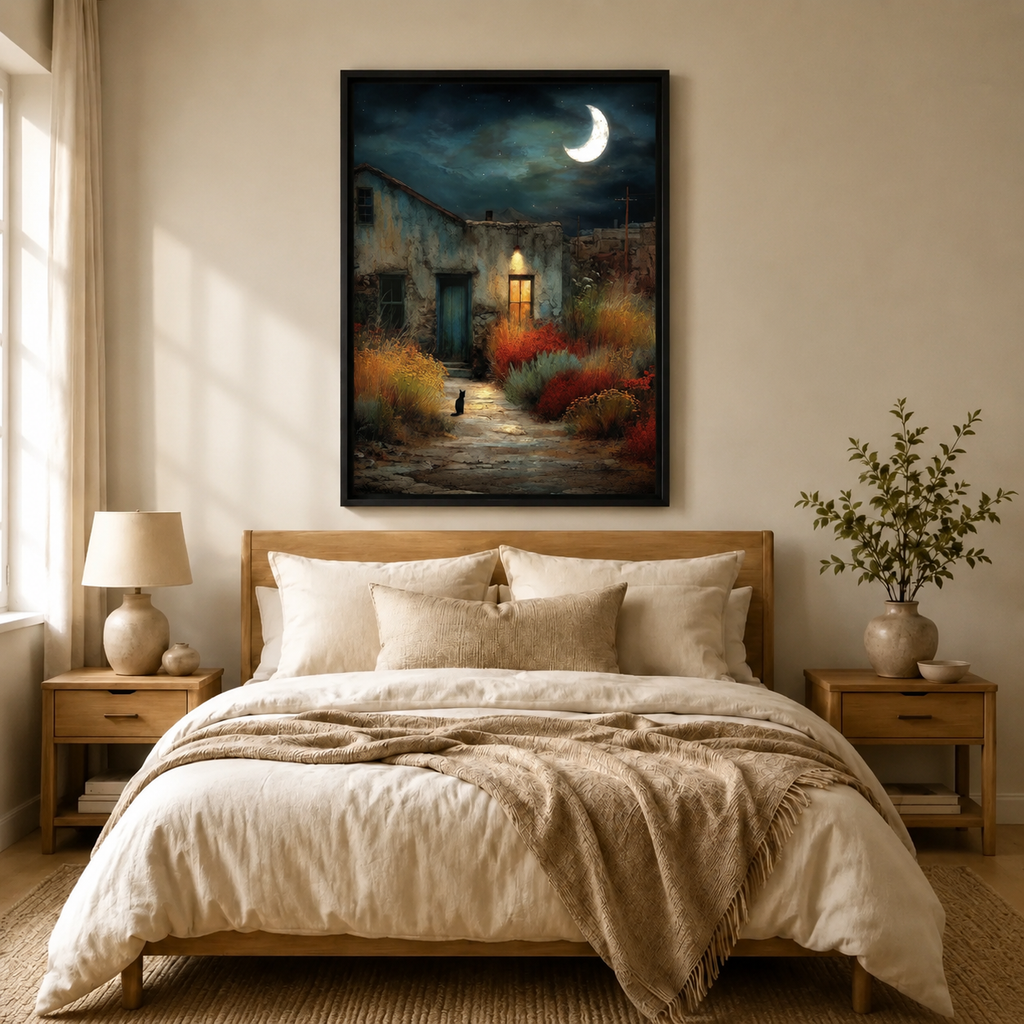 Moonlit Courtyard Black Cat Canvas Art