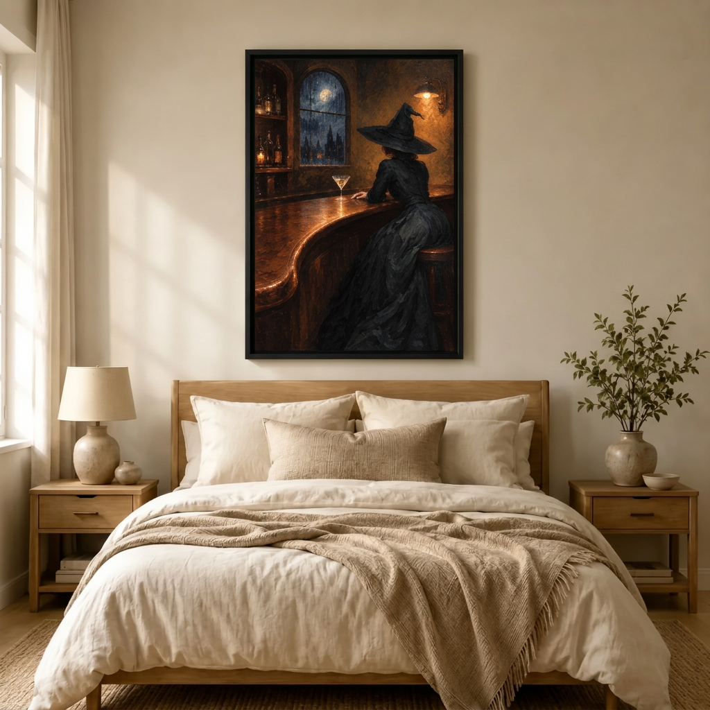 Witch Rainy Night Bar Moonlit Gothic Canvas Art
