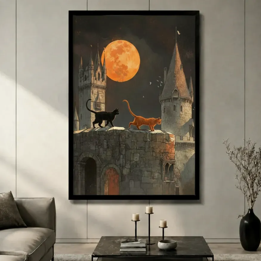 Gothic Castle Two Cats Full Moon Canvas Art Print